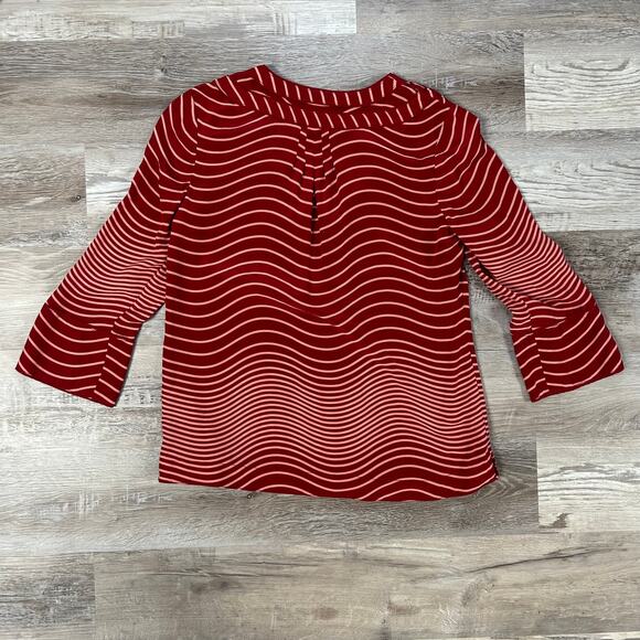 Tory Burch Silk Blouse Red Wave Stripe Tie Neck Size 12 - Picture 3 of 5